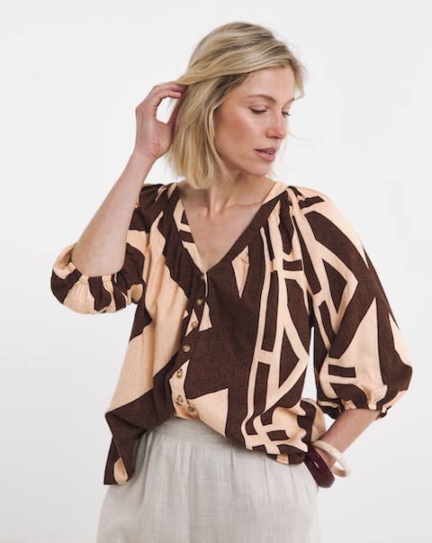 Aztec Print Collarless Button Through Blouse