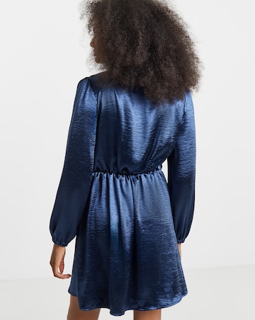 Blue Satin Tie Front Long Sleeve Dress