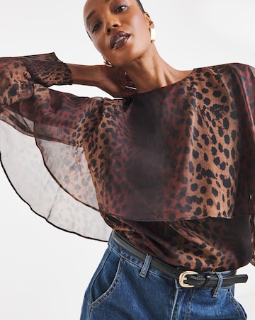 Leopard Print Cape Detail Chiffon Blouse