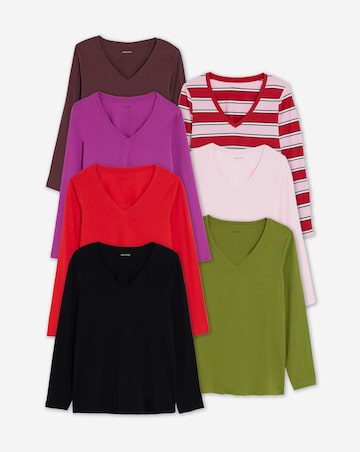 Red, Brown, Purple, Stripe, Black, Khaki. Pink 7 Pack V-Neck Long Sleeve T-Shirt
