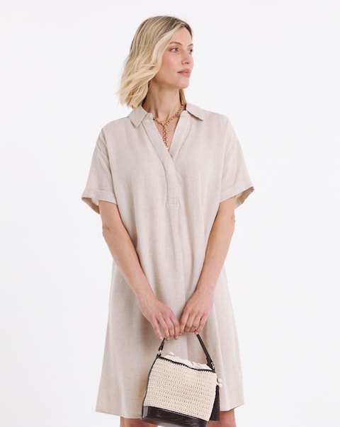 Linen Mix Collared Tunic Dress