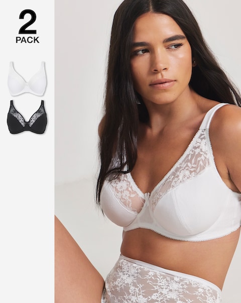 Pretty Secrets (2 Pack) Cotton Lace Full Cup Wired Bras (B-G) White/Black