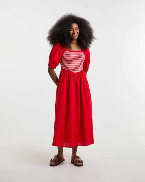 Red Shirred Midi Dress