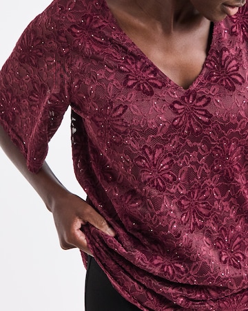 Plum Glitter Lace V-Neck Angel Sleeve Top
