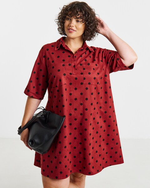 New In - Spot Print Suedette Shift Shirt Dress