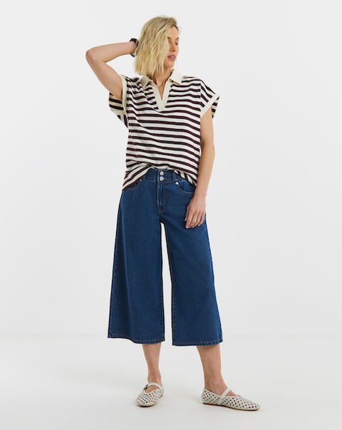 Mid Blue Elasticated Waist Culotte Jeans