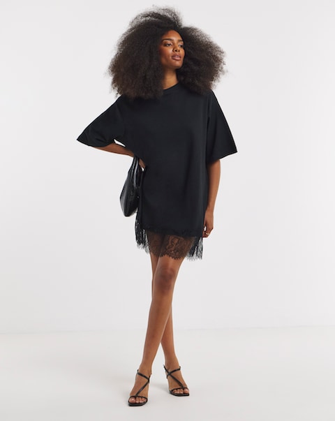 Black Lace Hem Asymmetric T-Shirt Dress