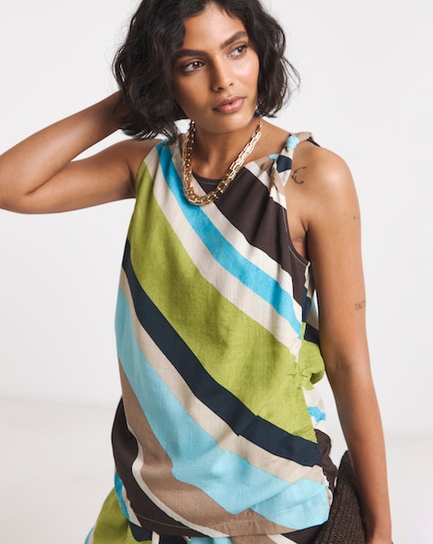 Blue Stripe Twist Detail Linen Mix Vest Top