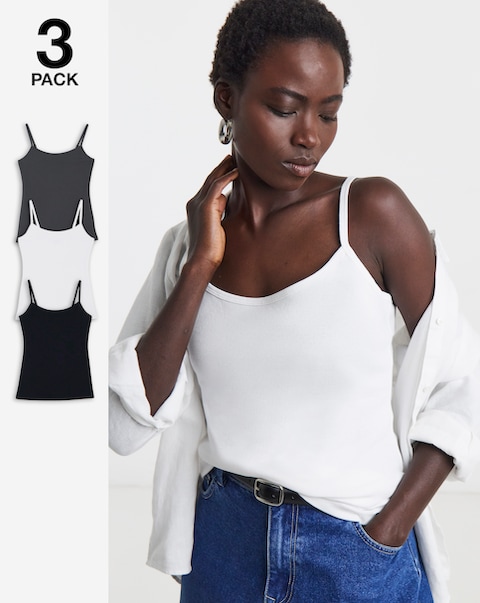 3 Pack Cotton Cami Vests Black, White & Charcoal
