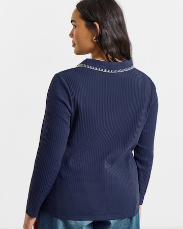 Simply Be Navy Rib Blanket Stitch Polo Top