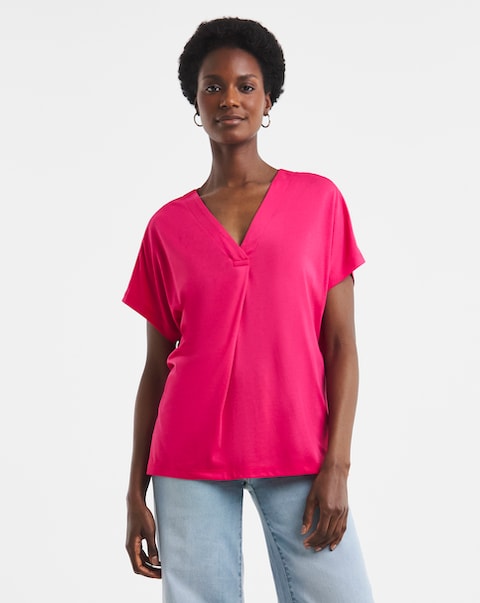 Pink Pleated V Neck Grown on Sleeve Top