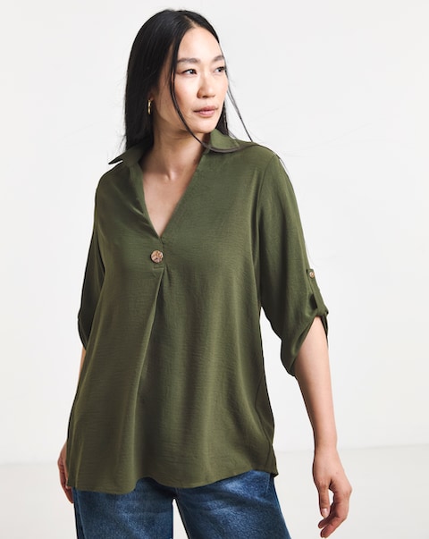 Olive Green Button Detail Collar Popover Top