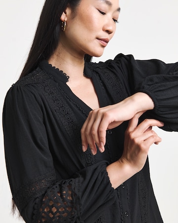 Black Lace Trim Button Through Prairie Blouse