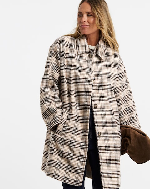 Check Collared Button Front Lined Coat