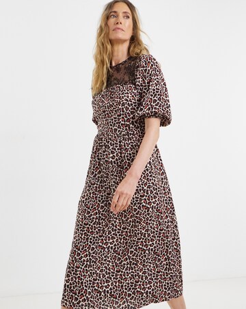 Leopard Print Tie Collared Midi Tea Dress
