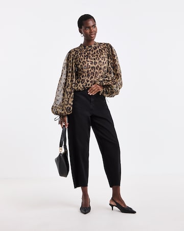 Leopard Foil Print High Neck Exaggerated Sleeve Blouse