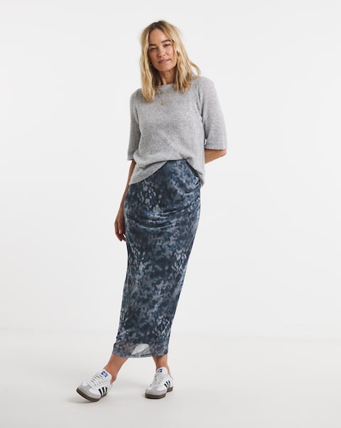 Printed Mesh Ruched Column Maxi Skirt