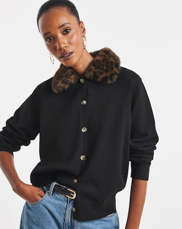 Faux Fur Leopard Collar Cardigan