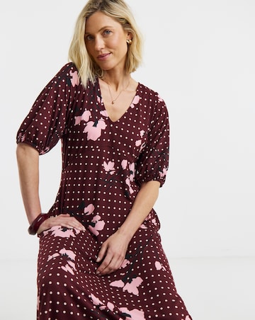 Burgundy Floral Puff Sleeve Jersey Tea Dress