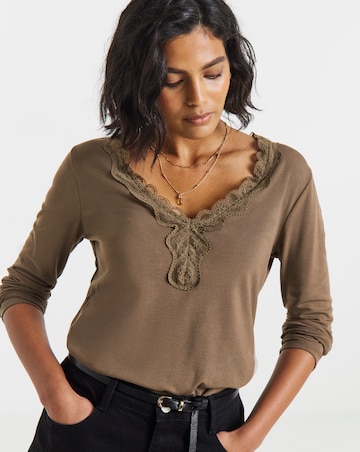 Simply Be Chocolate Cosy Lace V Neck Long Sleeve Top