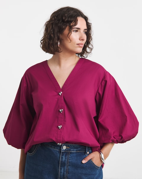 Simply Be Berry Heart Button Through Blouse