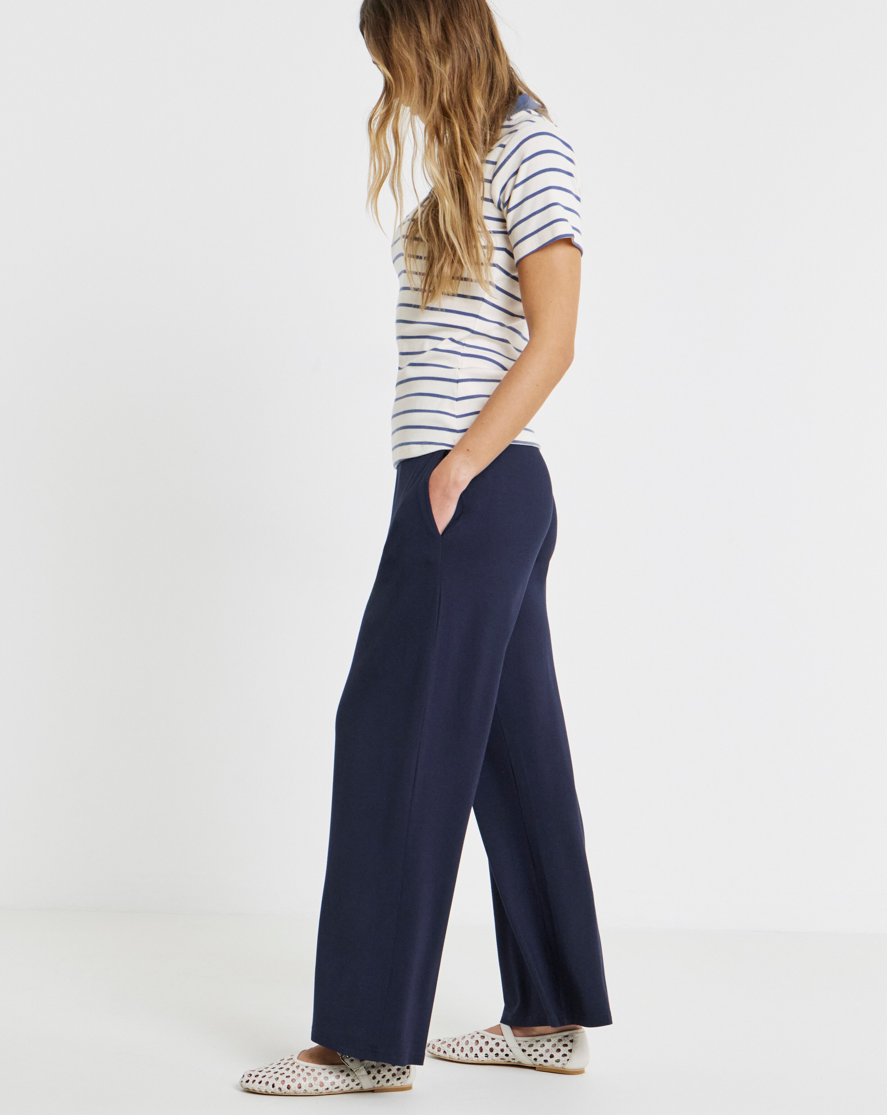 Navy Jersey Elasticated Waist Wide Leg Trouser