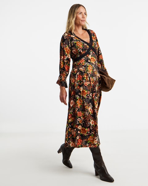 New In - Printed Lace Trim Seam Detail Midi Dress