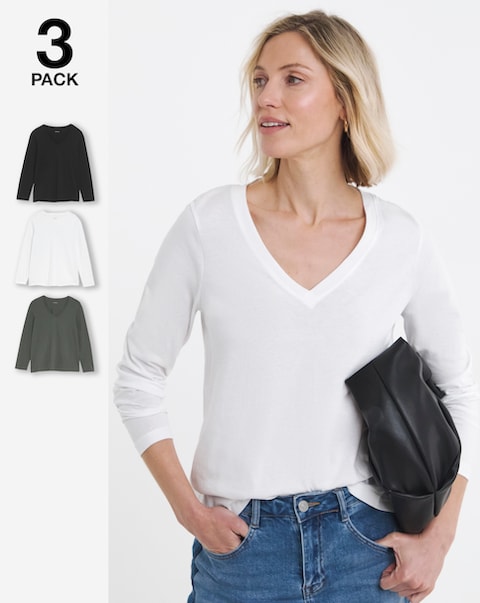 Black, White And Khaki Three Pack V-Neck Long Sleeve T-Shirts