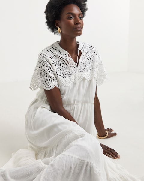 Crinkle Broderie Trim Smock Dress