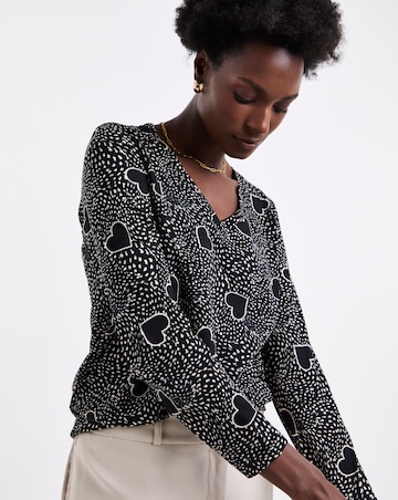 Mono Heart Print V Neck Long Sleeve T-Shirt