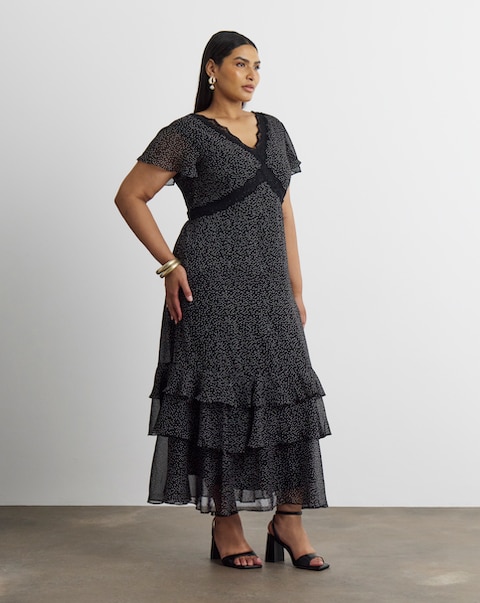 Joanna Hope Lace Trim Ruffle Midi Dress