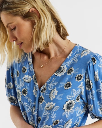 Blue Floral Button Front Short Sleeve Top