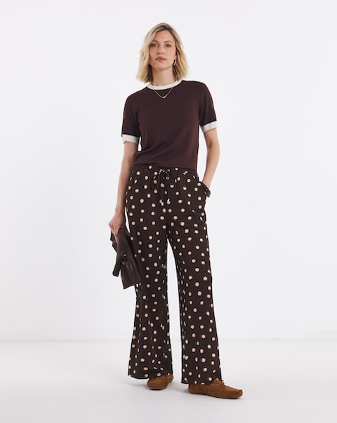 Chocolate Spot Textured Jersey Tie Waist Wide Leg Trouser