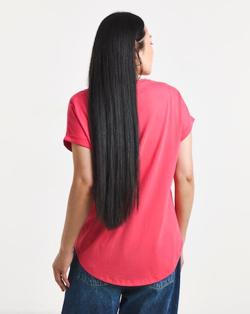Pink V-Neck Short Sleeve Longline Curved Hem Top