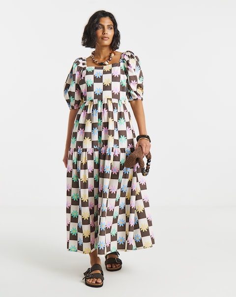 Twisted Wunder Cotton Check Floral Midaxi Dress