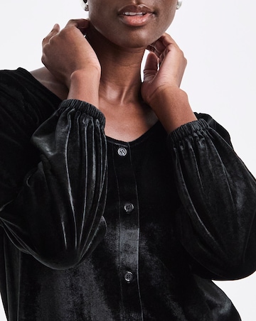 Black Velvet Button Front Long Sleeve Top