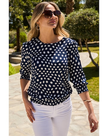 Sosandar Navy Spot Shirred Hem Top