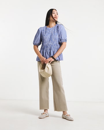Navy Shirred Peplum Stripe Crew Neck Blouse