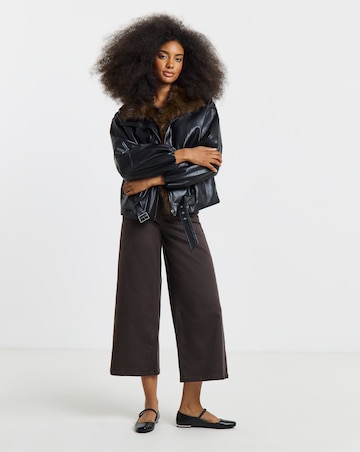 Black Faux Leather Quilted Jacket With Detachable Fur Collar