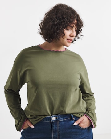 Simply Be Khaki And Pink Long Sleeve Scallop Edge T-Shirt