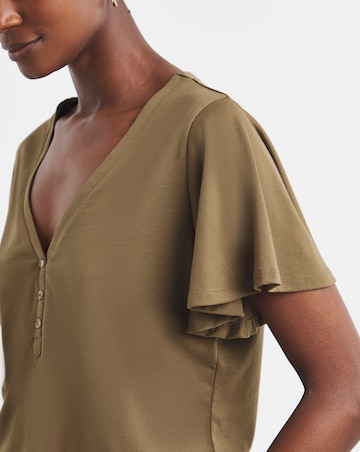 Khaki Button Front Frill Sleeve Top