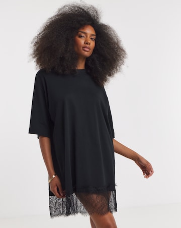 Black Lace Hem Asymmetric T-Shirt Dress
