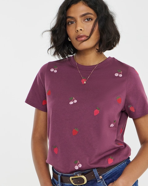 Simply Be Fruit Cross Stitch All Over Embroidery T-Shirt