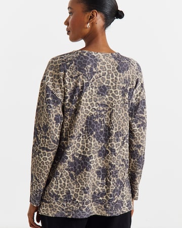 Leopard Floral Print Zip Front Long Sleeve Longline Top