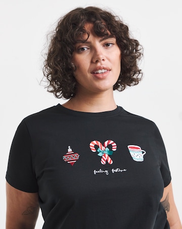 Simply Be Black Christmas Placement Embroidery T-Shirt