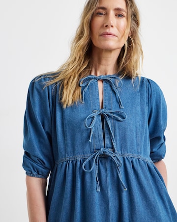 Blue Peplum Puff Sleeve Denim Dress