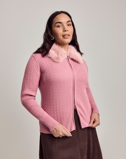 Julipa Cable Zip Through Fur Collar Cardigan