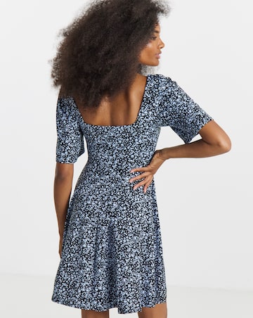 Black Print Supersoft Knot Front Skater Dress