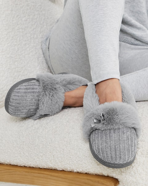 Audrey Faux Fur Trim Full Back Slippers - Extra Wide Fit (EEE)