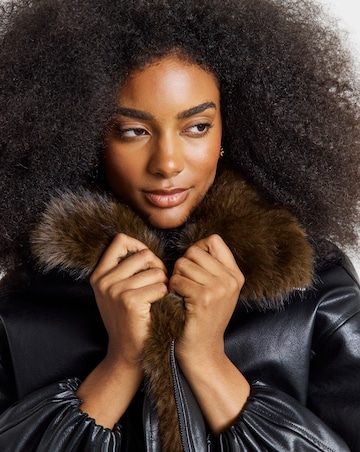 Black Faux Leather Quilted Jacket With Detachable Fur Collar